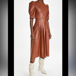 Elegant Brown Faux Leather Midi Dress